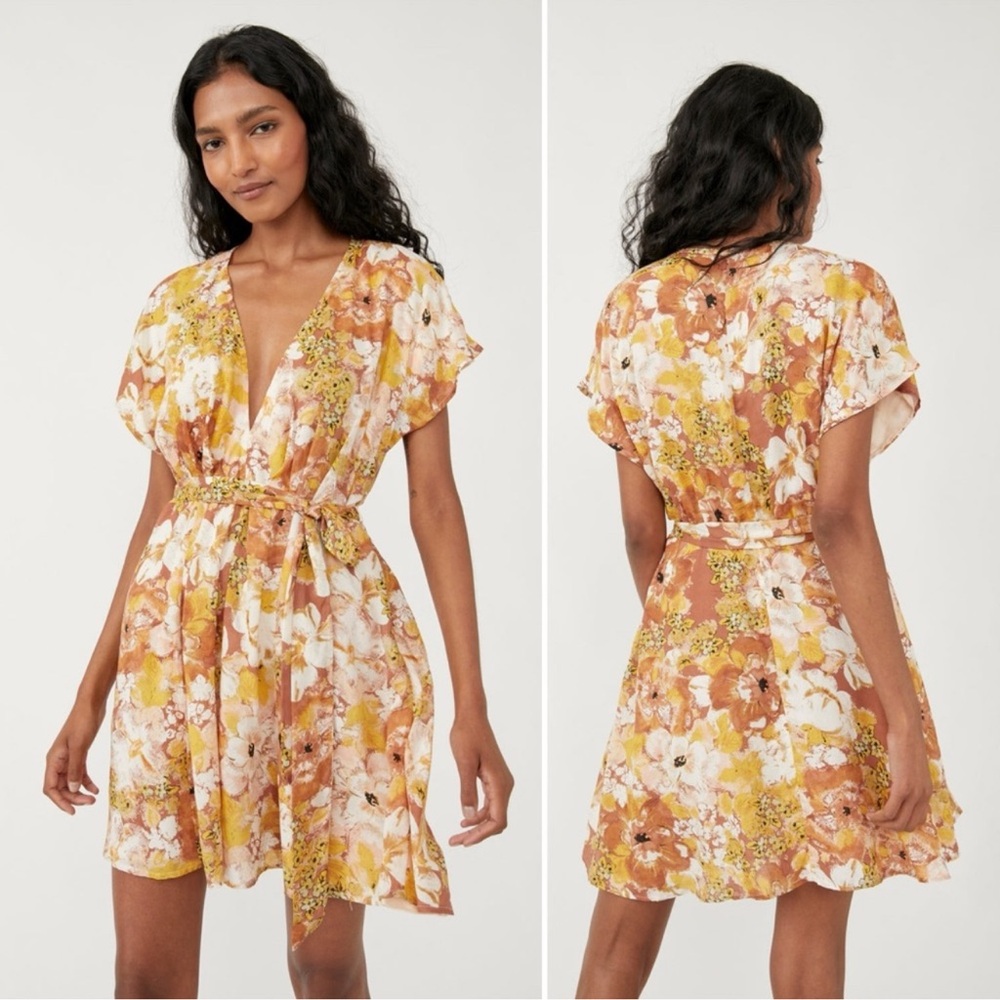 Free People Freddy Tie Mini Dress Floral V-Neck Dress NWOT